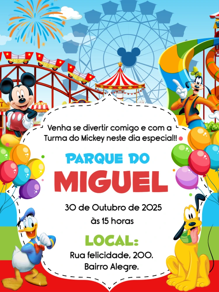 Convite Aniversário Parque do Mickey para Editar Online