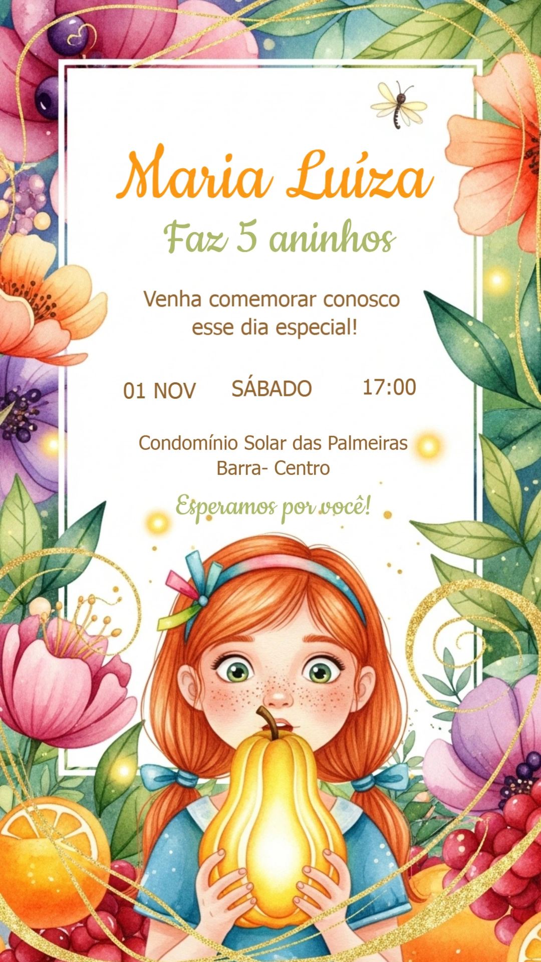 Convite Aniversário Jardim Mágico com Menina Ruiva para Editar