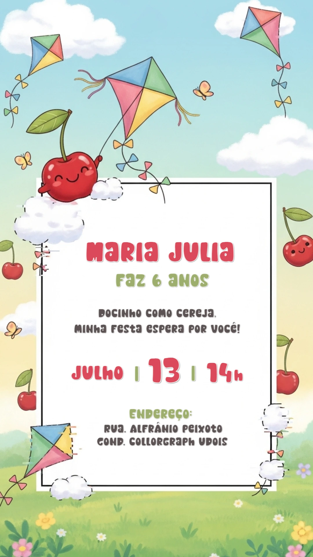 Convite de Aniversário Cerejinha para Editar Online