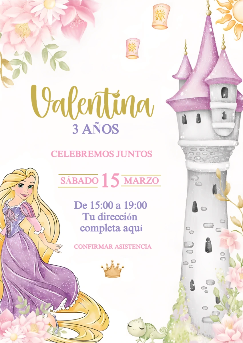 Invitación de Cumpleaños Rapunzel en Acuarela para Editar