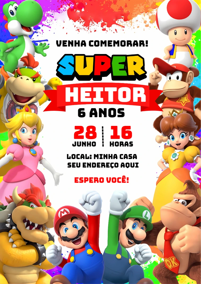 Convite Aniversário Super Mario com Personagens para Editar Online