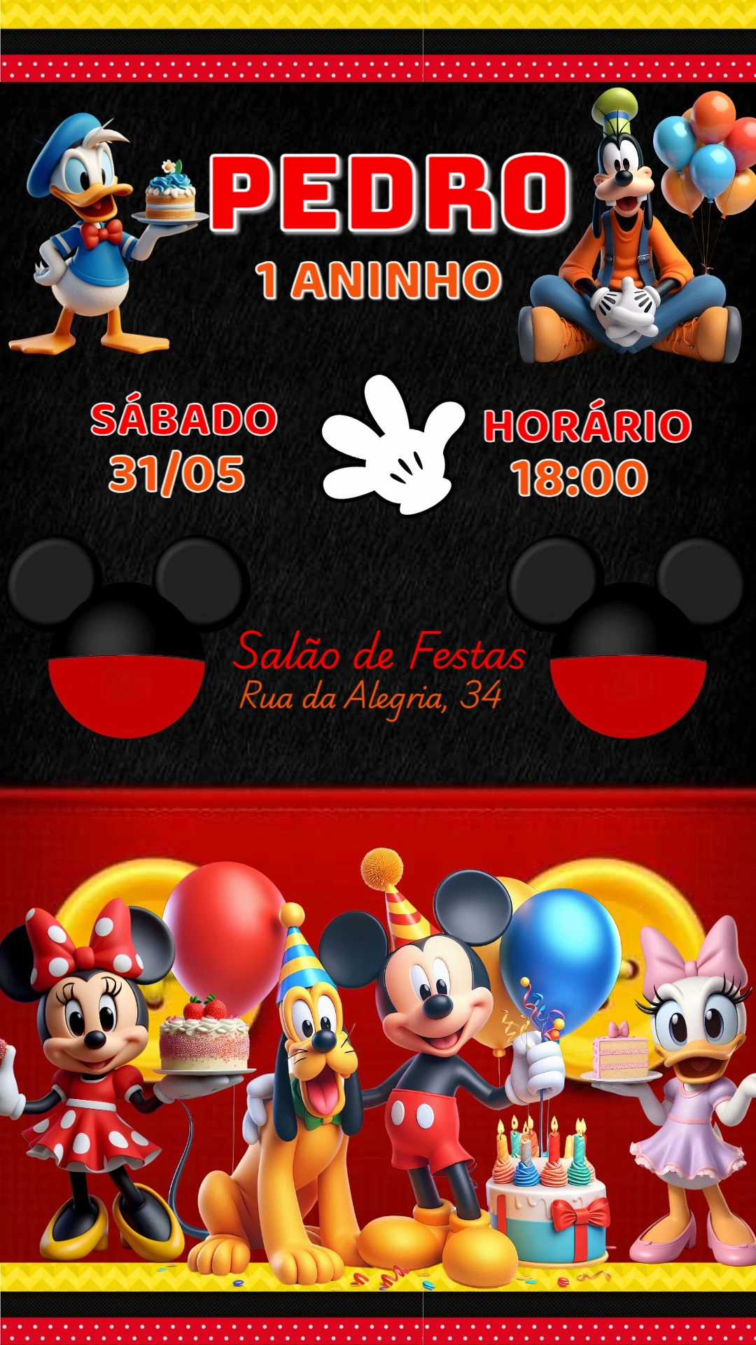 Convite Aniversário Turma do Mickey Mouse para Editar Online