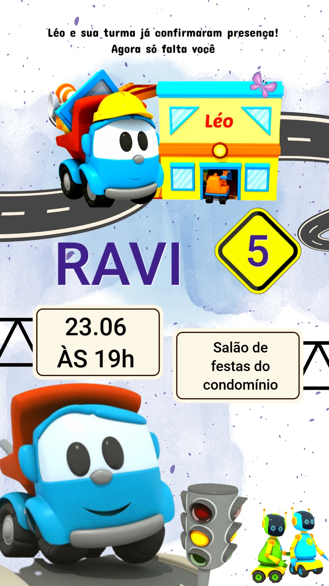 Convite de Aniversário Leo o Caminhão Colorido para Editar