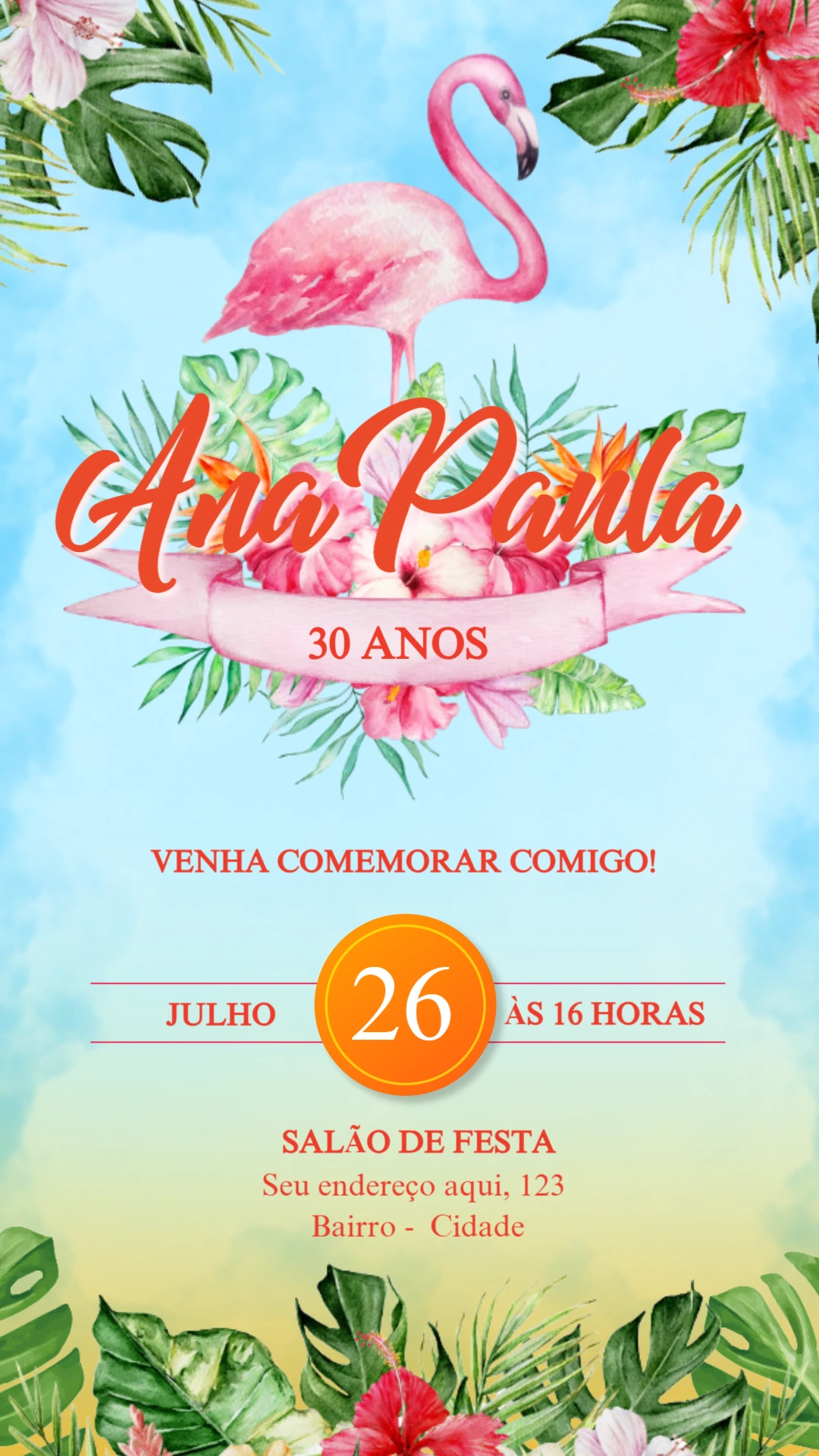 Convite de Aniversário Tropical Flamingo para Editar Online