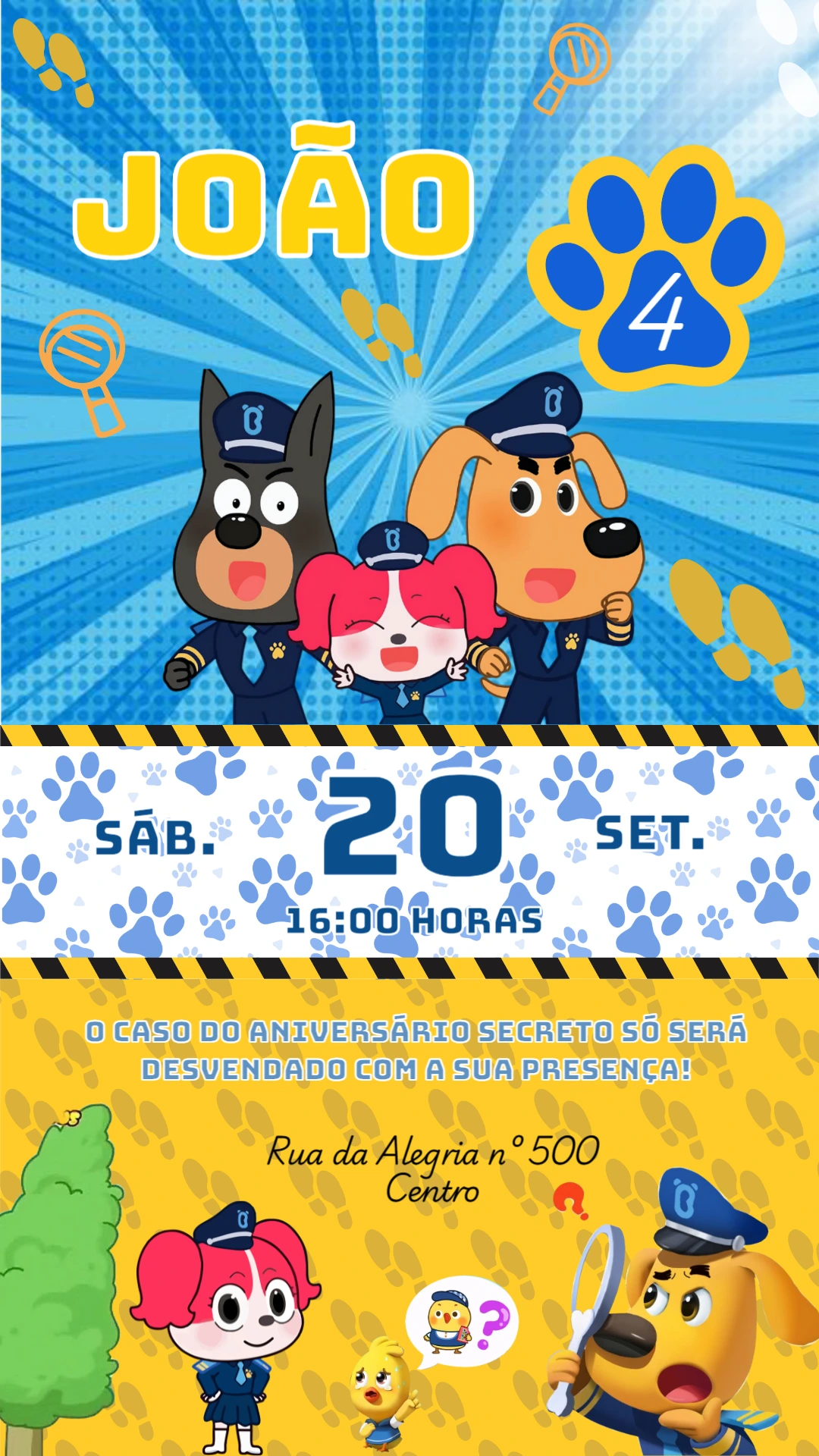Convite Aniversário Cães Detetives para Editar Online