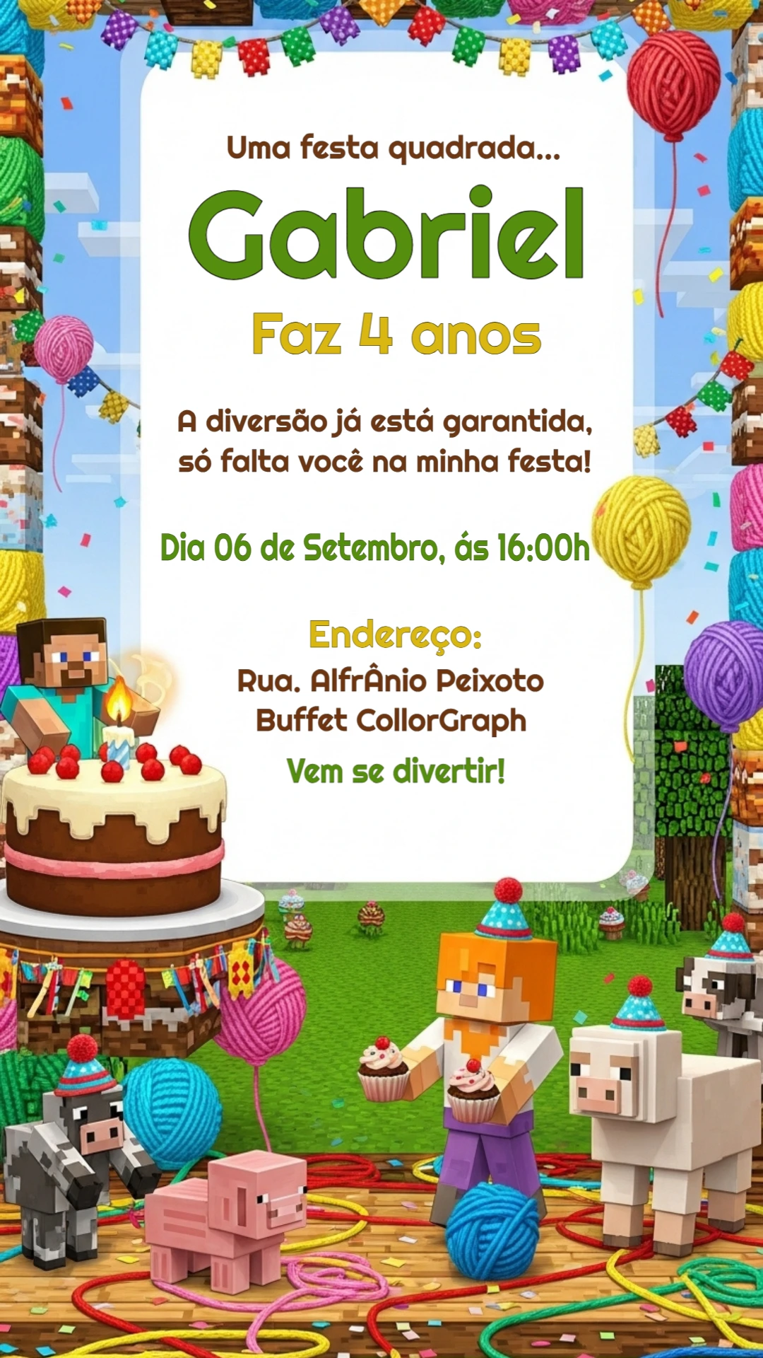 Convite de Aniversário Minecraft com Personagens para Editar Online