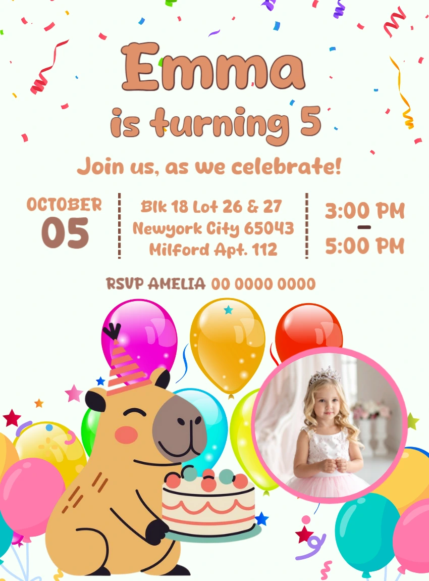 Cute Capybara Birthday Invitation Template to Edit with photo