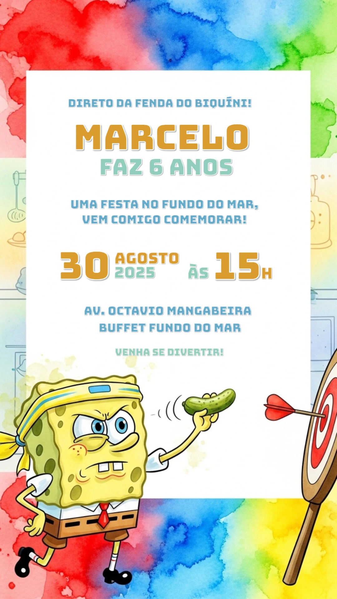 Convite de Aniversário Bob Esponja Editável para Personalizar