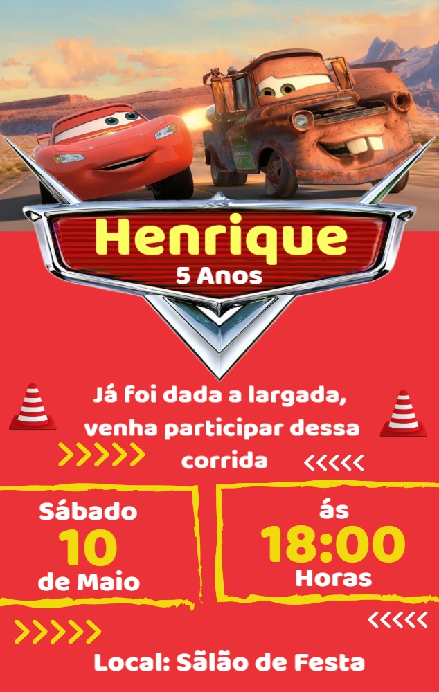 Convite de Aniversário Carros para Editar Online e Enviar