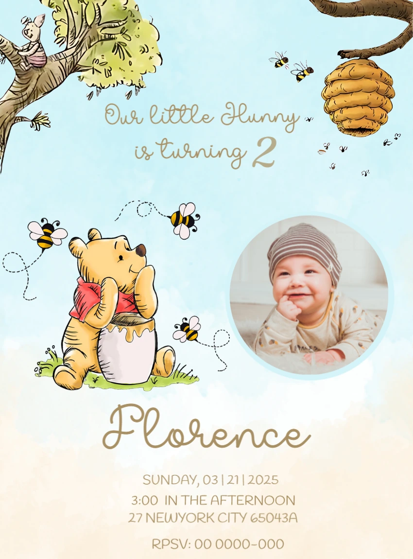 Watercolor Pooh Bear Birthday Invitation Editable Template with photo