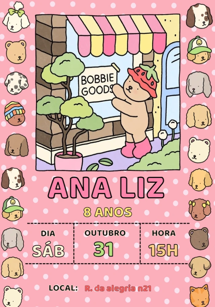 Convite Aniversário Bobbie Goods com Desenho Fofo para Editar