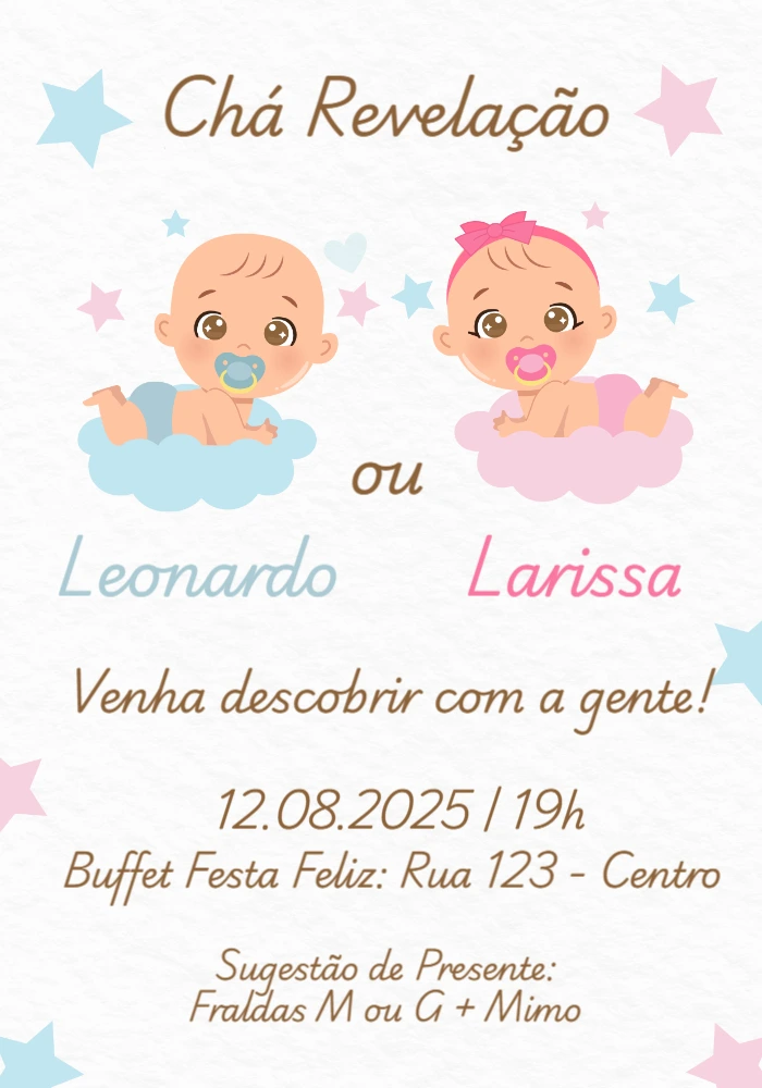 Convite Chá Revelação Bebês Rosa e Azul para Editar Online