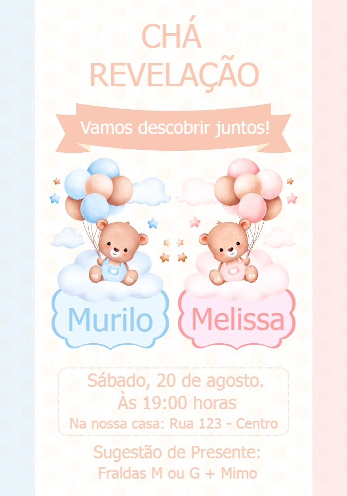 Convite Chá Revelação Ursinhos Rosa e Azul para Editar Online