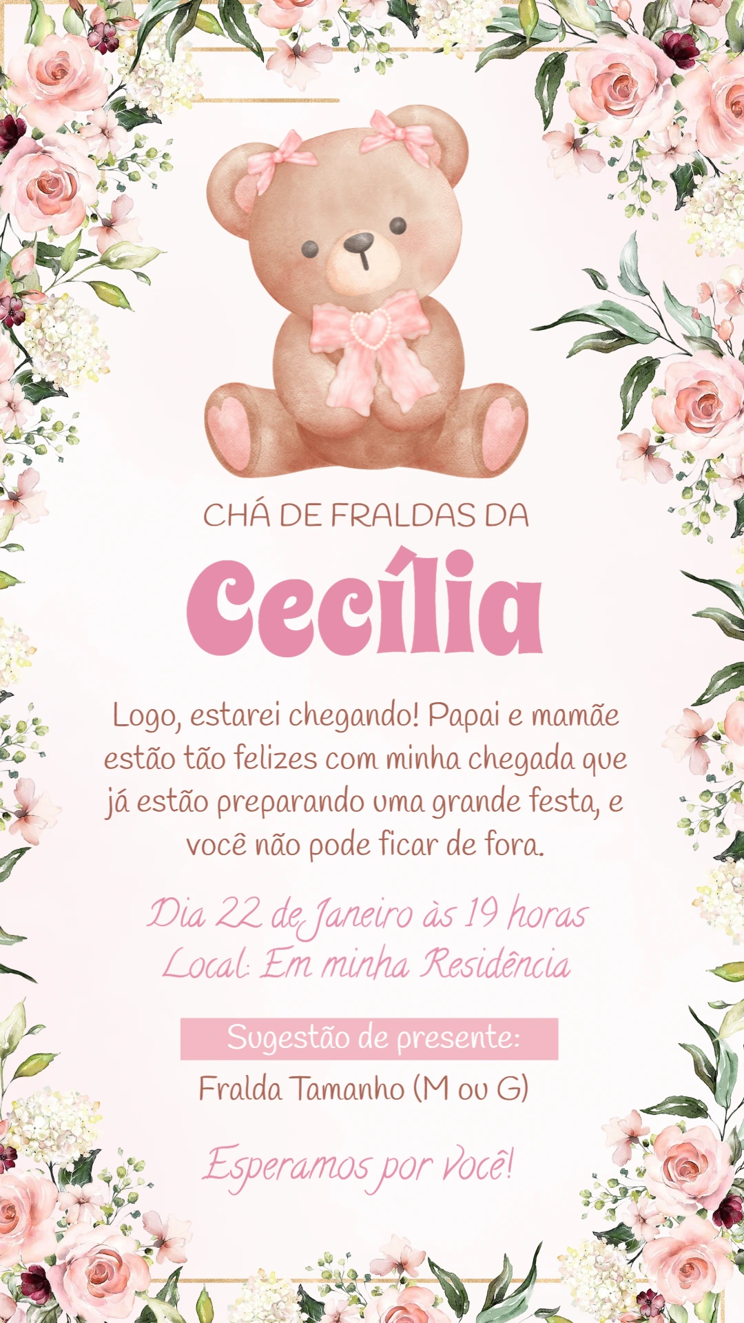 Convite Chá de Fraldas Ursinha Floral para Editar Online
