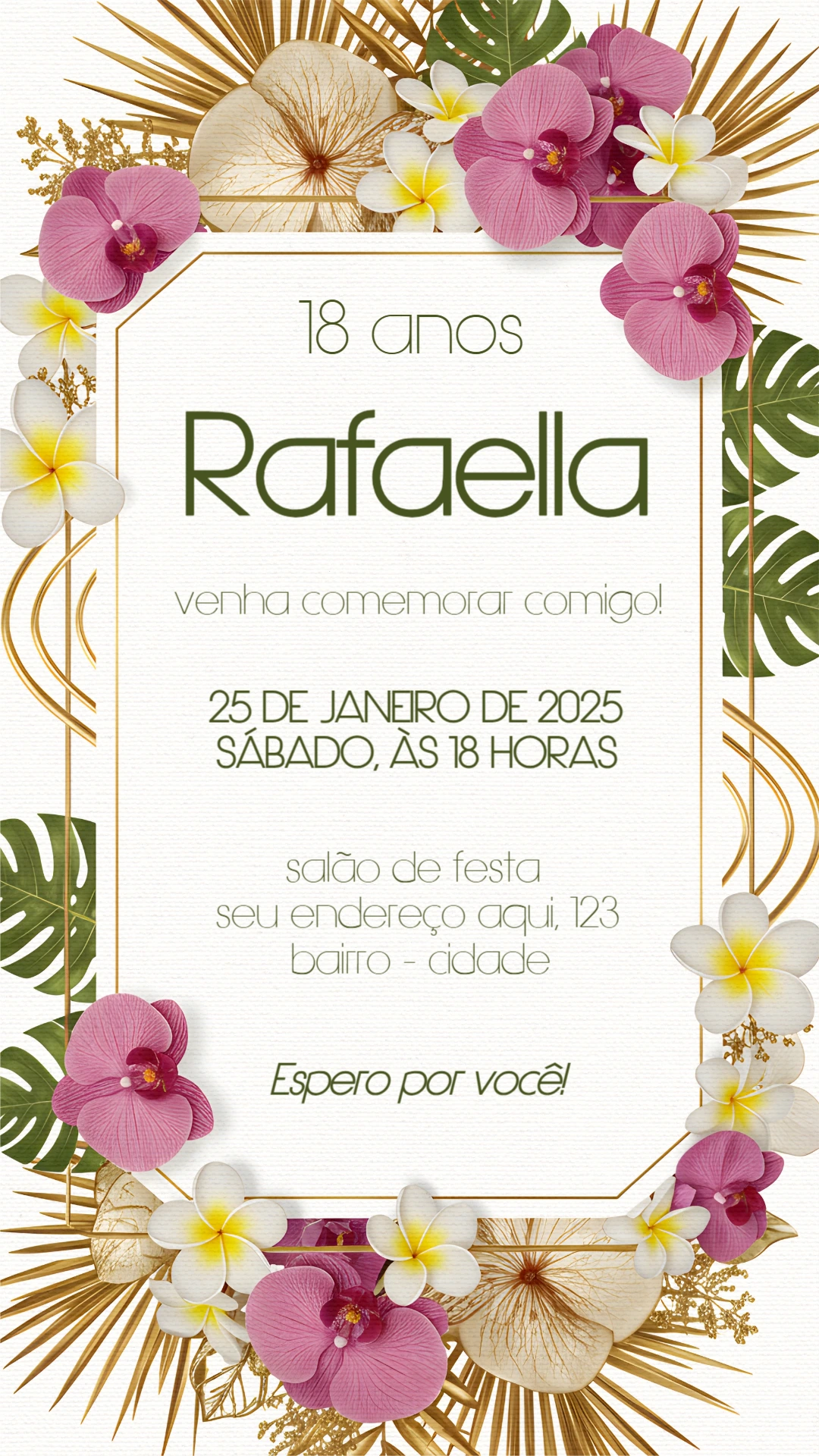 Convite de Aniversário Tropical com Orquídeas para Editar Online