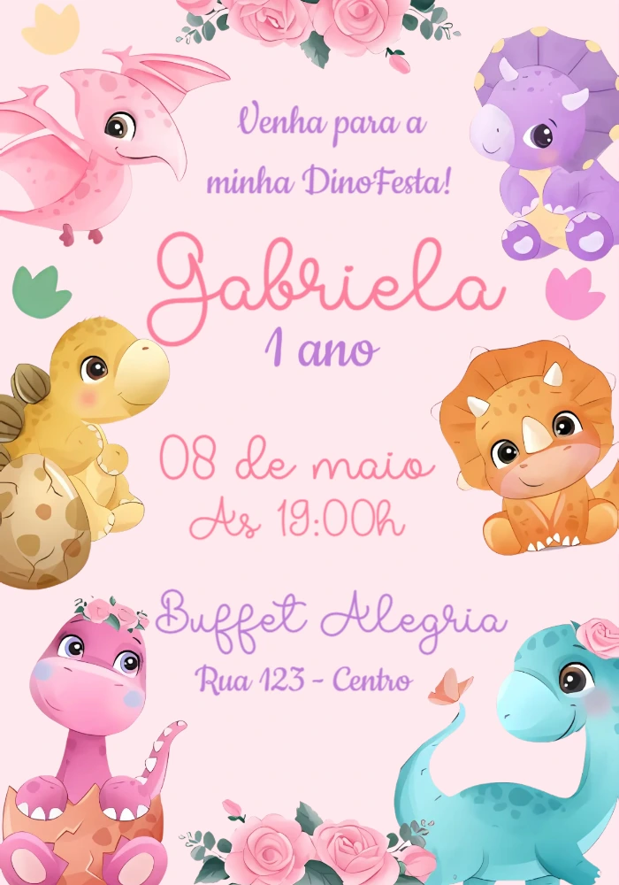 Convite Aniversário Dinobaby Menina para Editar Online