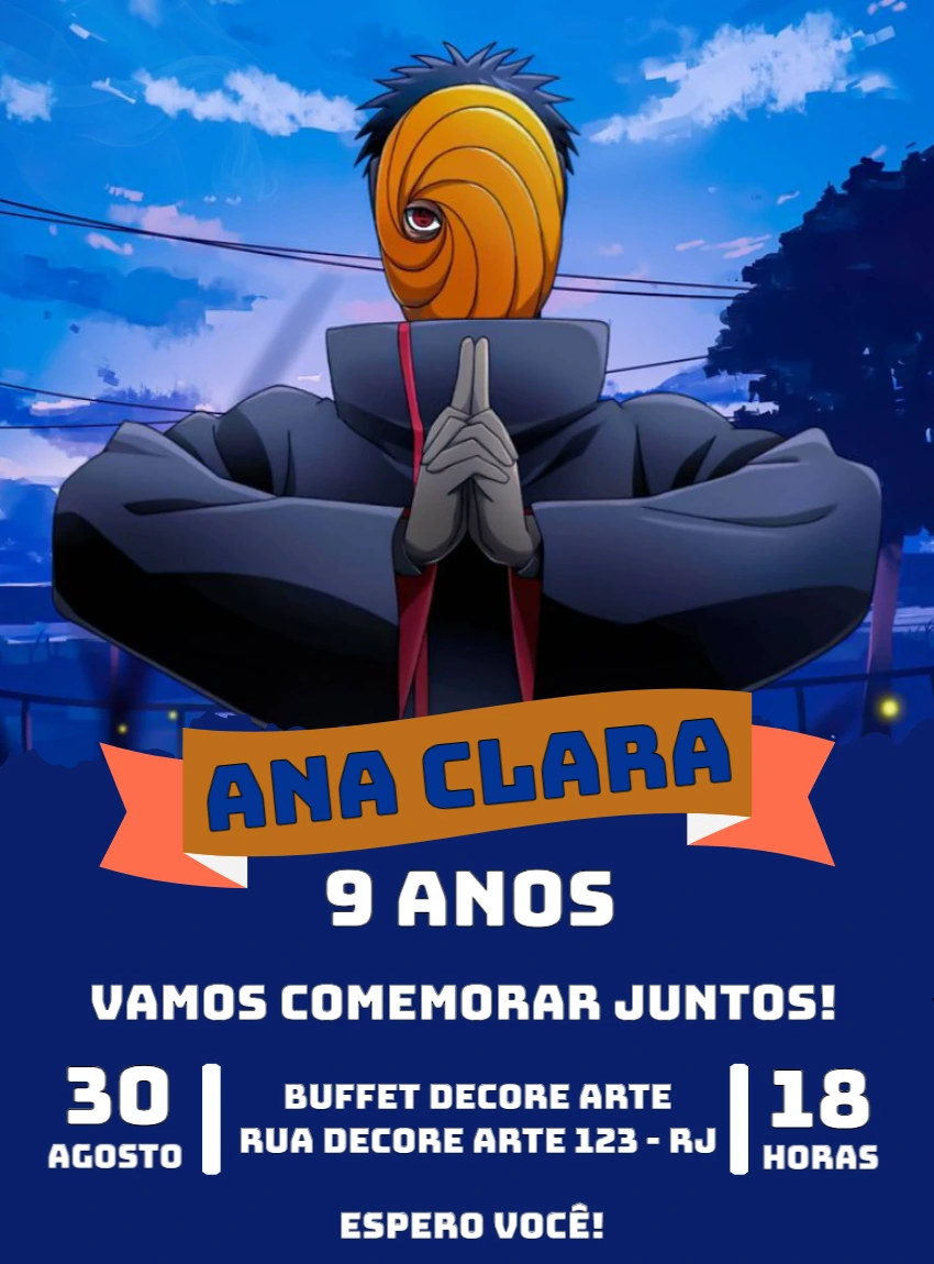Convite Aniversário Obito Uchiha do Naruto para Editar