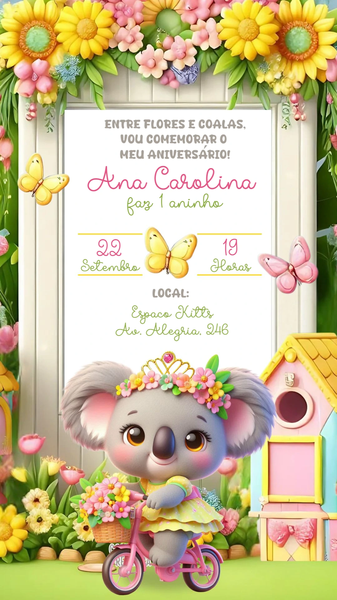 Convite Aniversário Coala Menina com Flores para Editar