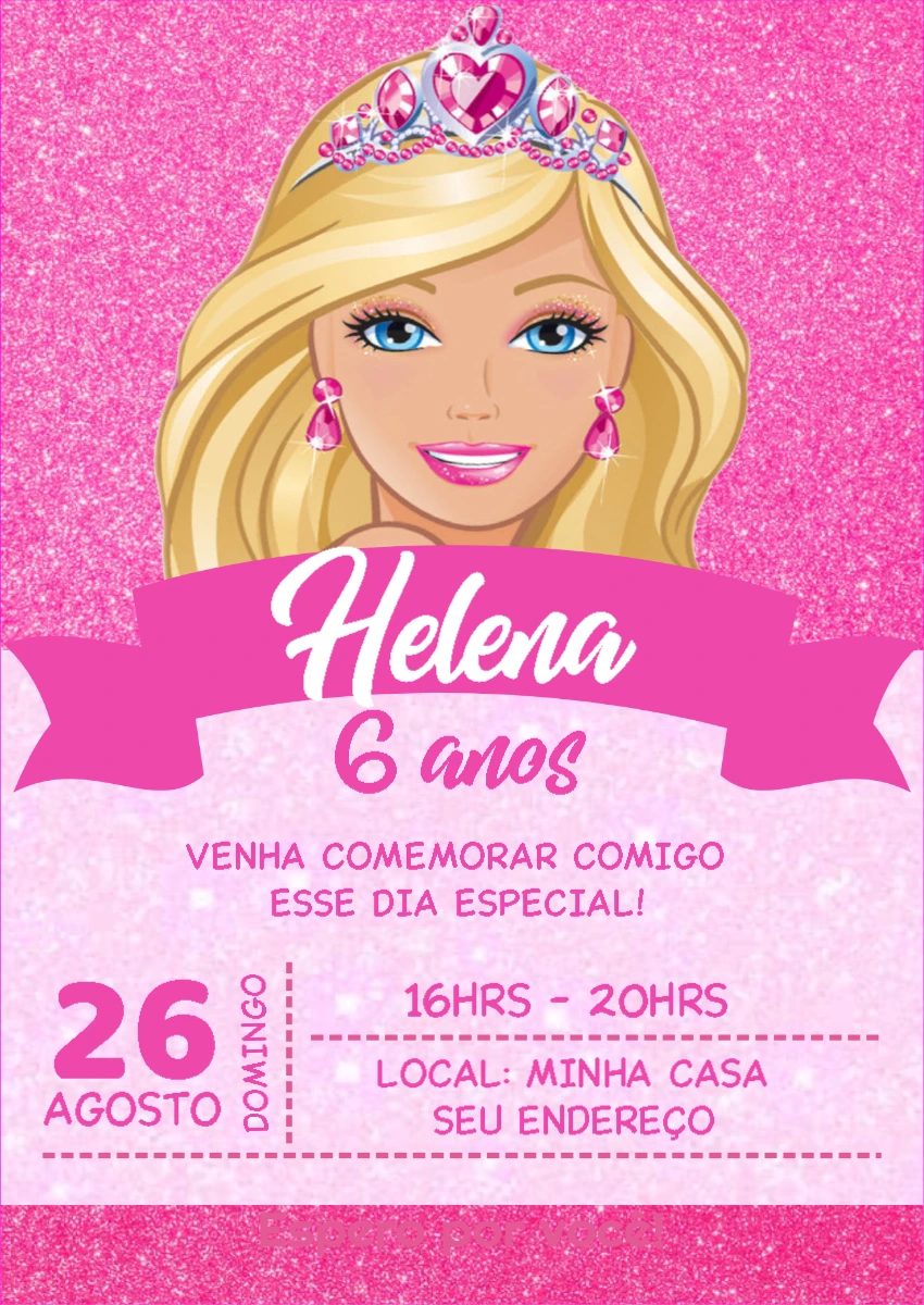 Convite Aniversário Barbie Princesa para Editar Online