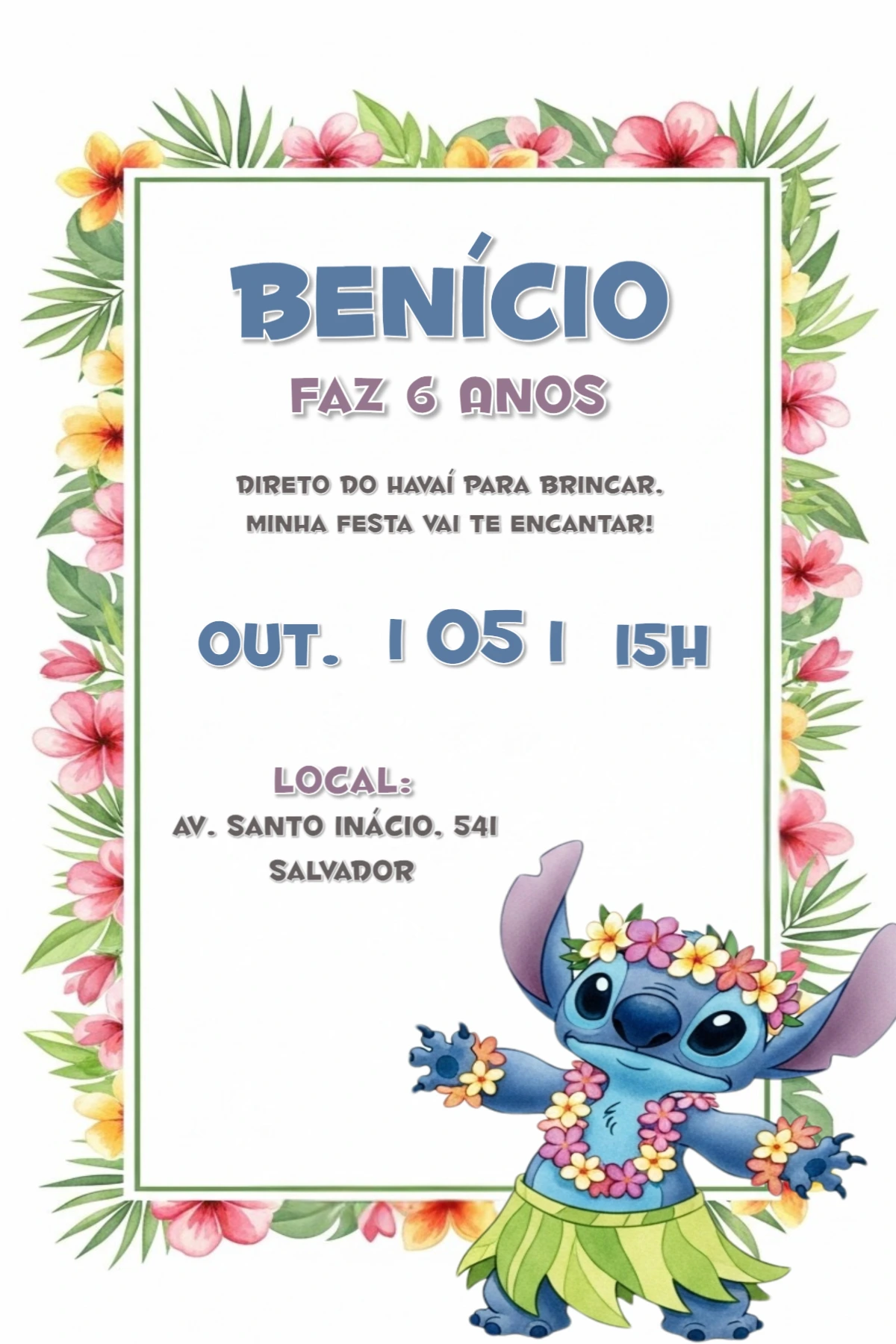 Convite de Aniversário Stitch Havaiano para Editar Online