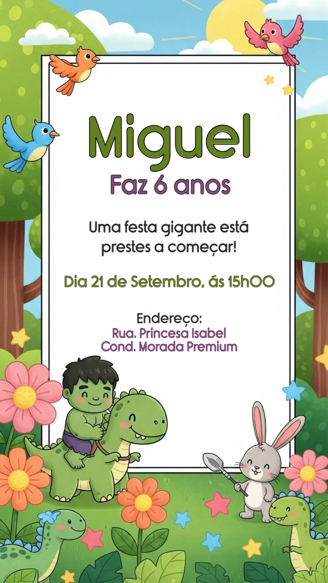 Convite Aniversário Incrível Hulk e Dinossauros para Editar