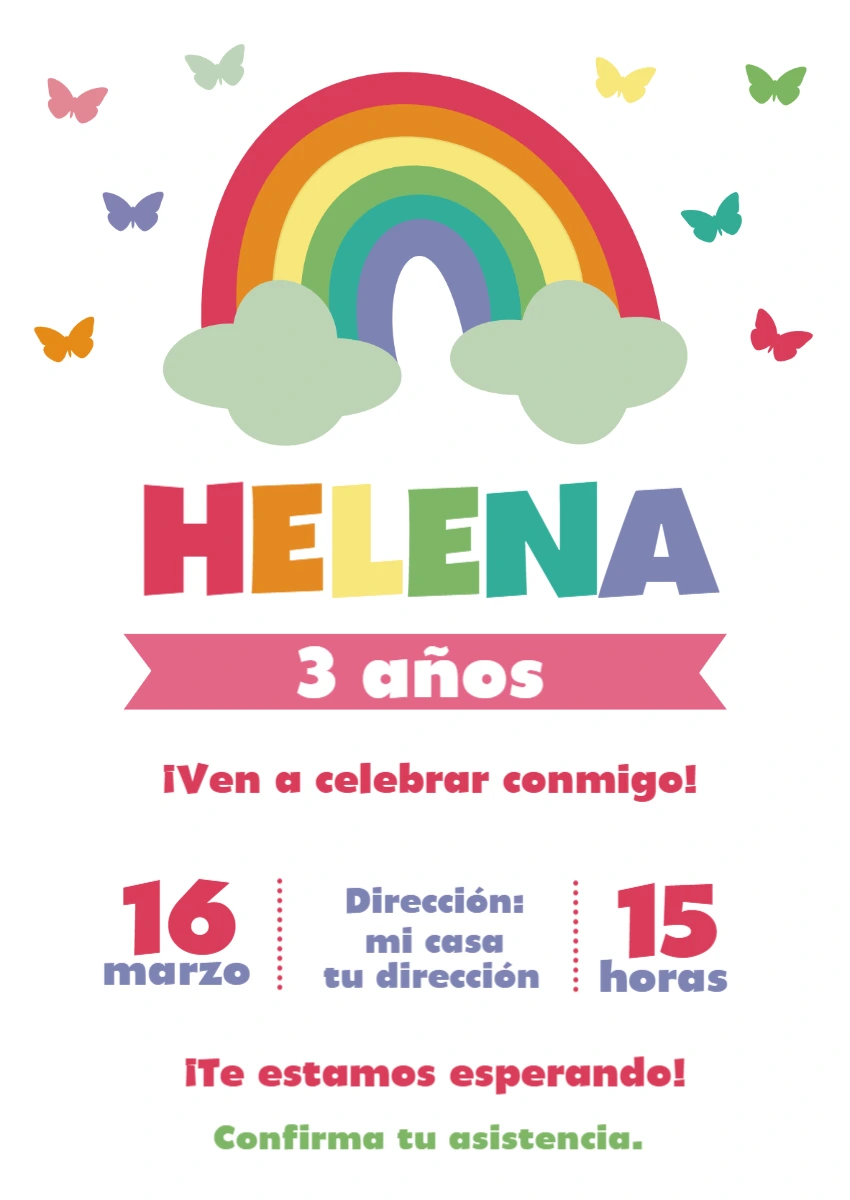 Invitación de Cumpleaños Arcoíris y Mariposas para Editar