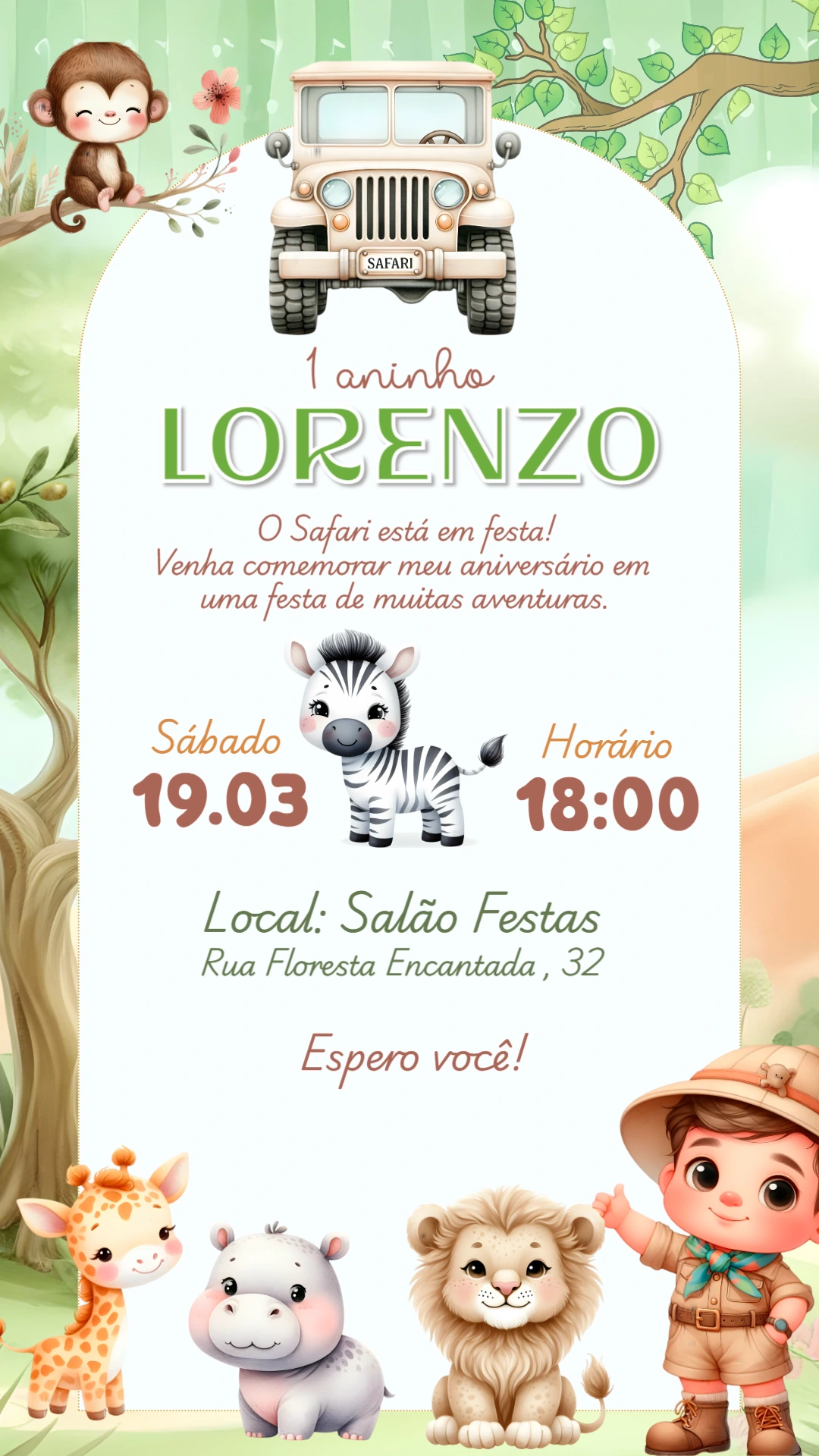 Convite de Aniversário Safari com Animais para Editar Online