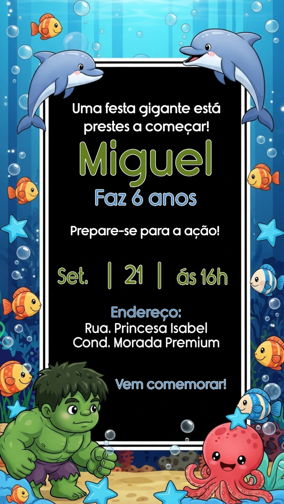 Convite de Aniversário Hulk Fundo do Mar para Editar Online