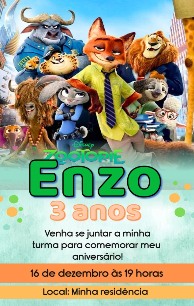 Convite Aniversário Zootopia com a Turma do Filme para Editar