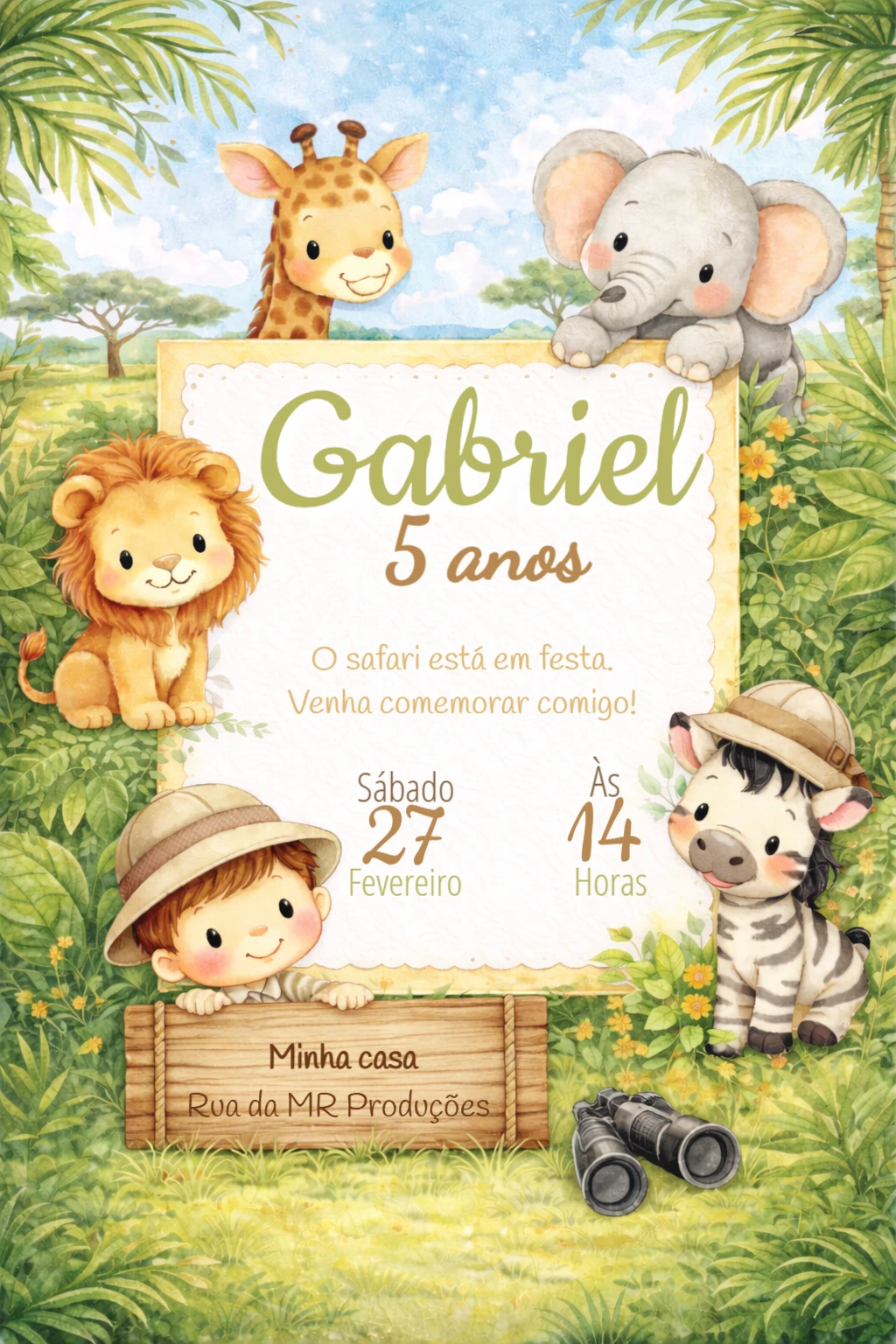 Convite Digital Aniversário Infantil Tema Safari Editável