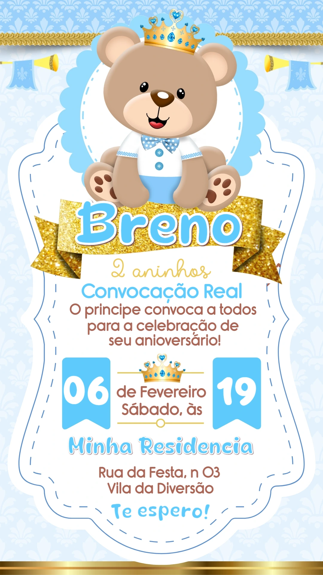 Convite de Aniversário Ursinho Príncipe Azul e Dourado Editável