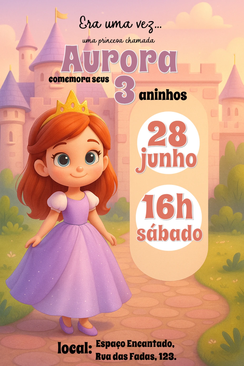Convite de Aniversário Princesa Encantada para Editar Online