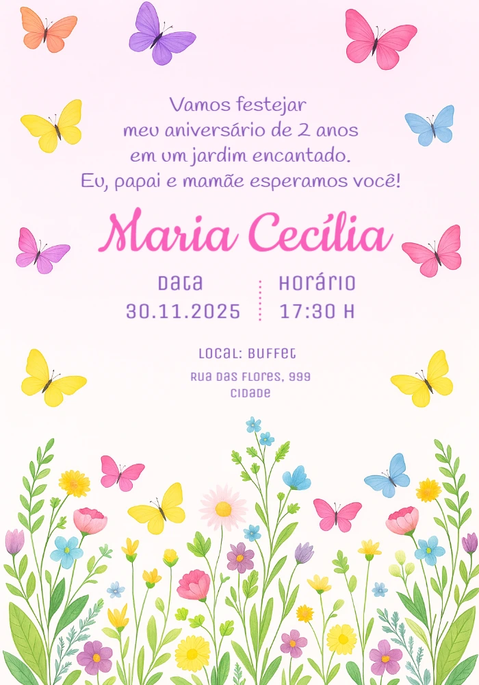 Convite Aniversário Jardim Encantado Borboletas para Editar