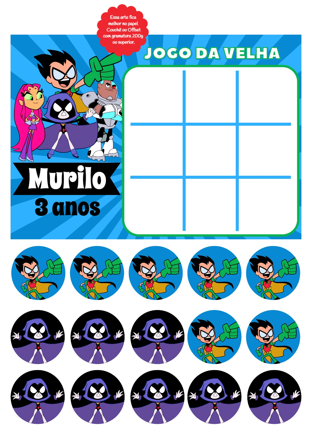 Jogo da Velha Jovens Titãs Editável para Aniversário