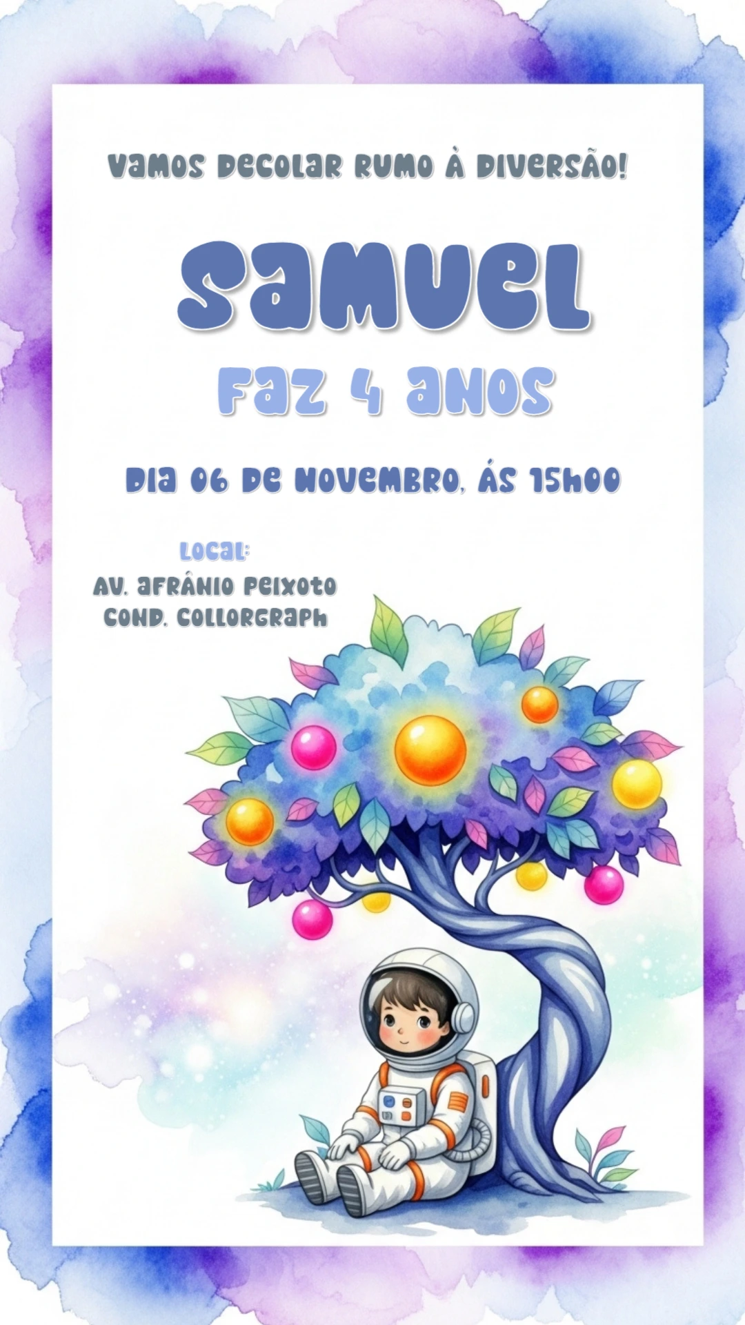 Convite de Aniversário Astronauta Aquarela para Editar Online