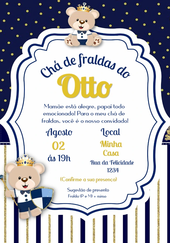 Convite Chá de Fraldas Ursinho Realeza para Editar Online