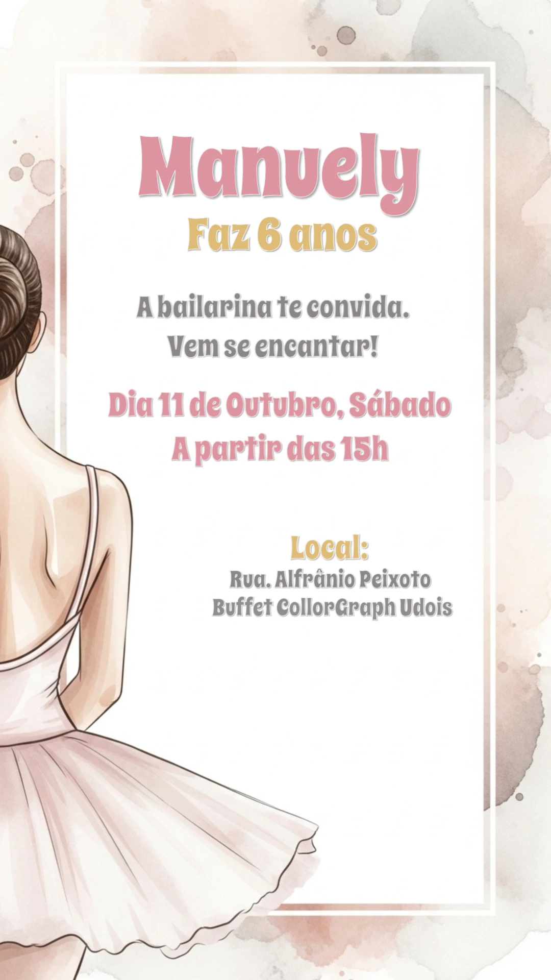 Convite Aniversário Bailarina Aquarela para Editar Online