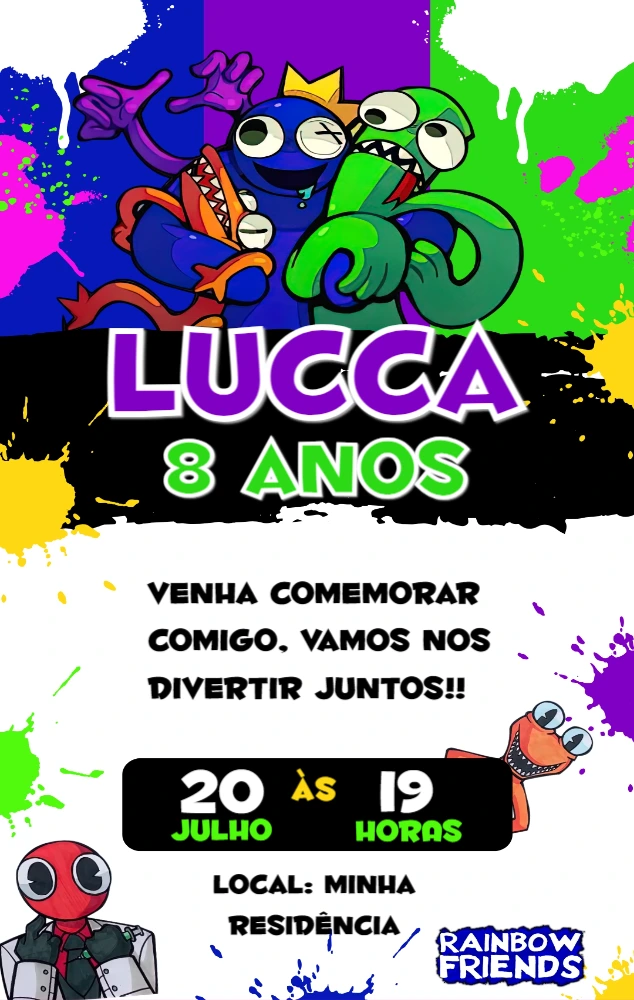 Convite de Aniversário Rainbow Friends com Personagens para Editar