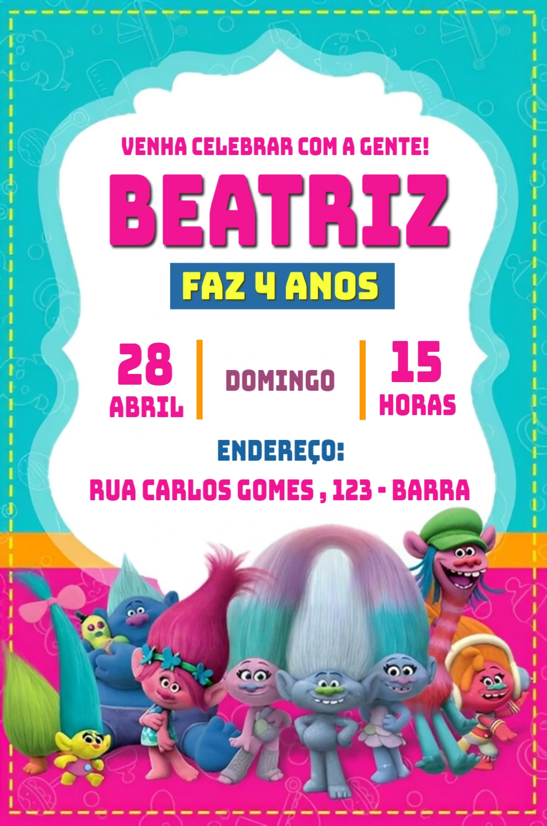 Convite de Aniversário Trolls com Personagens para Editar
