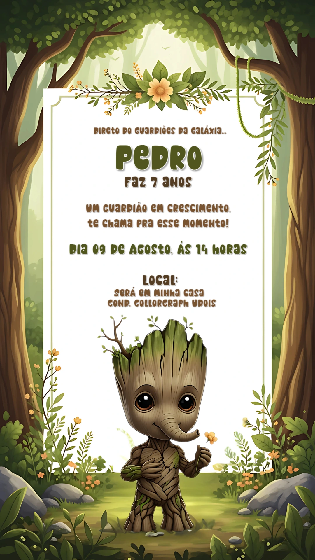 Convite Aniversário Baby Groot Guardiões da Galáxia Editável