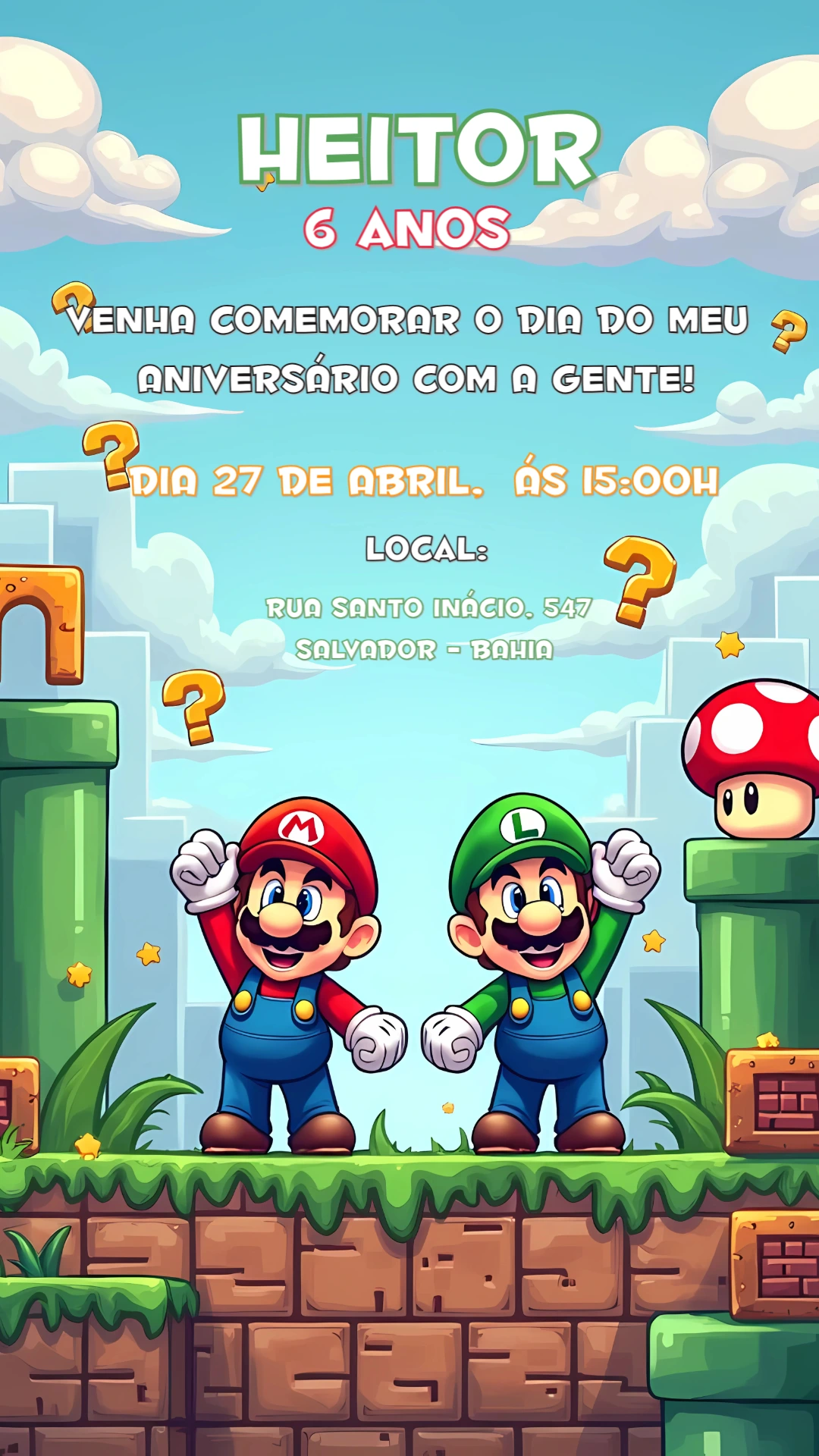 Convite de Aniversário Super Mario e Luigi para Editar Online