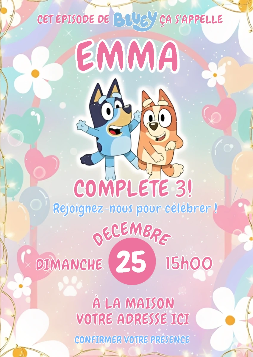 Invitation Anniversaire Bluey et Bingo Rose à Modifier en Ligne