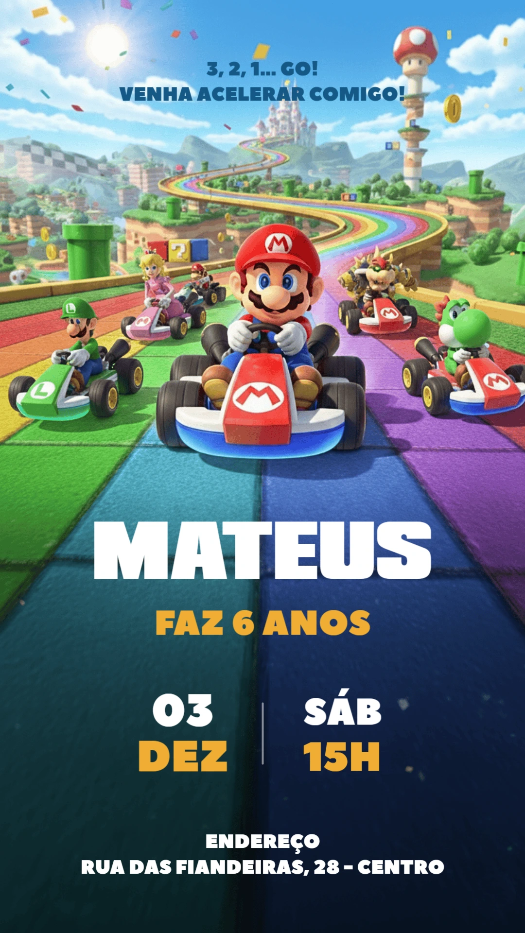 Convite de Aniversário Mario Kart com Personagens para Editar