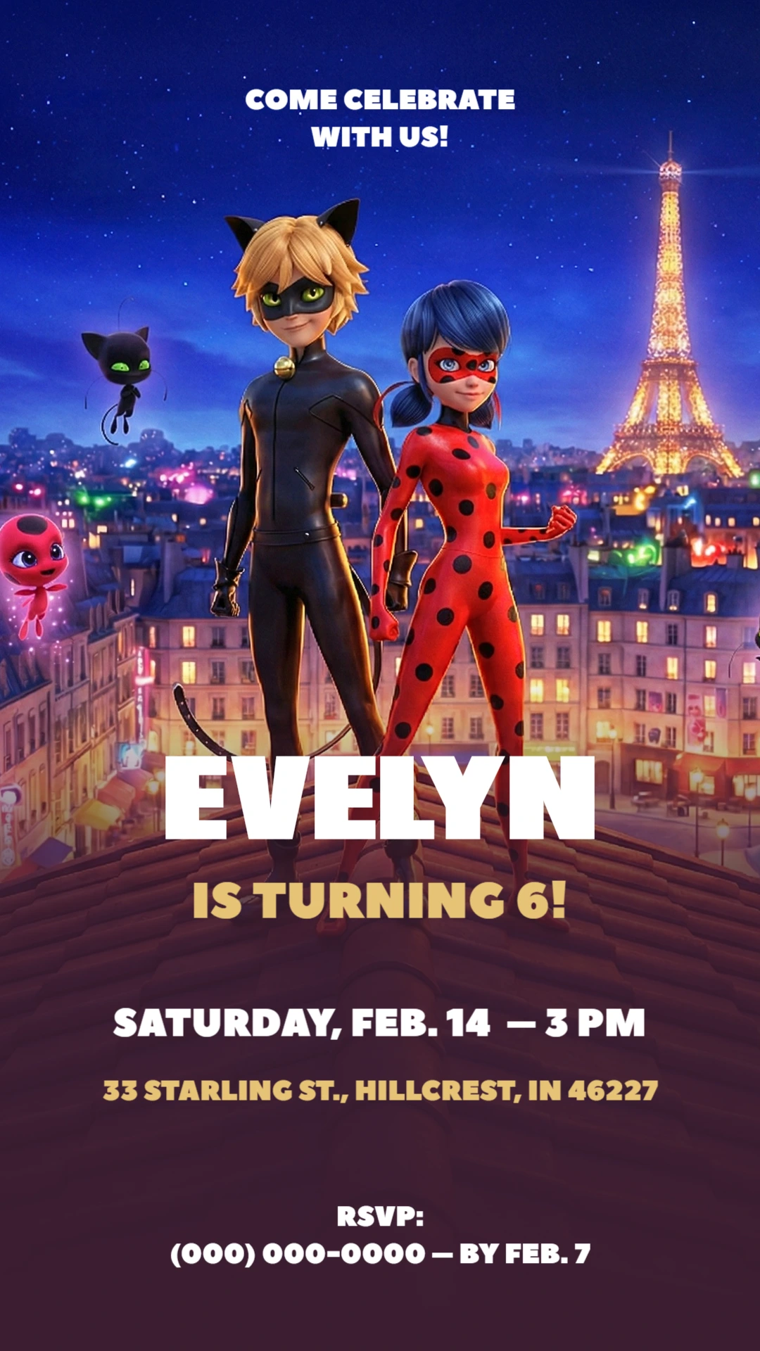 Miraculous Ladybug & Cat Noir Birthday Invitation to Edit