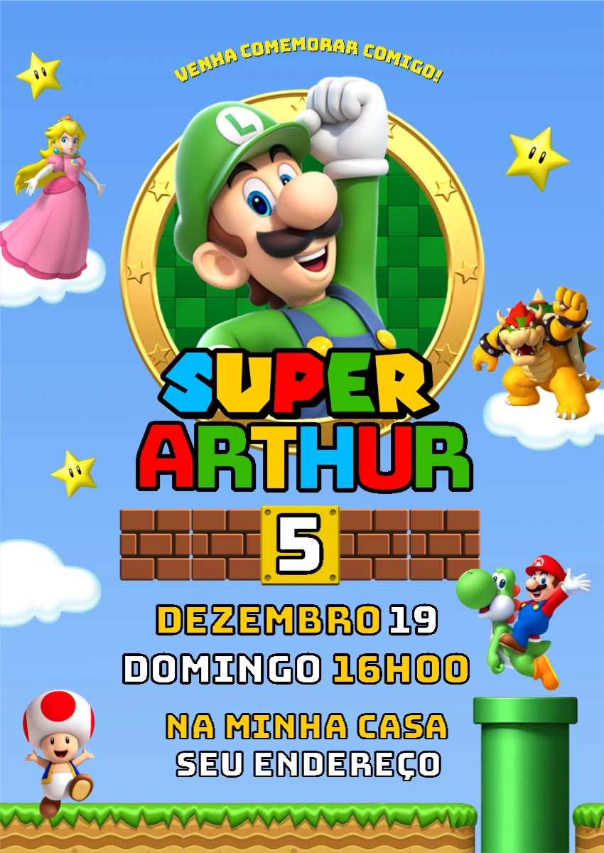 Convite de Aniversário Luigi Super Mario para Editar Online