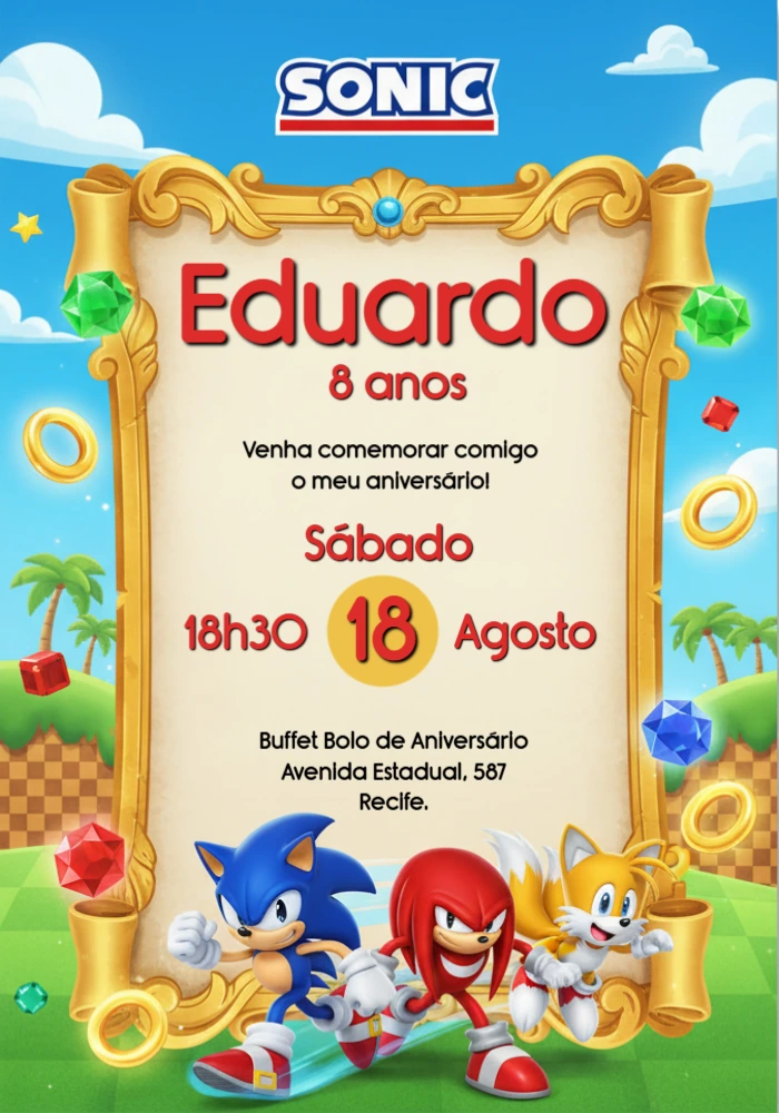 Convite de Aniversário Sonic e Amigos Editável para Menino