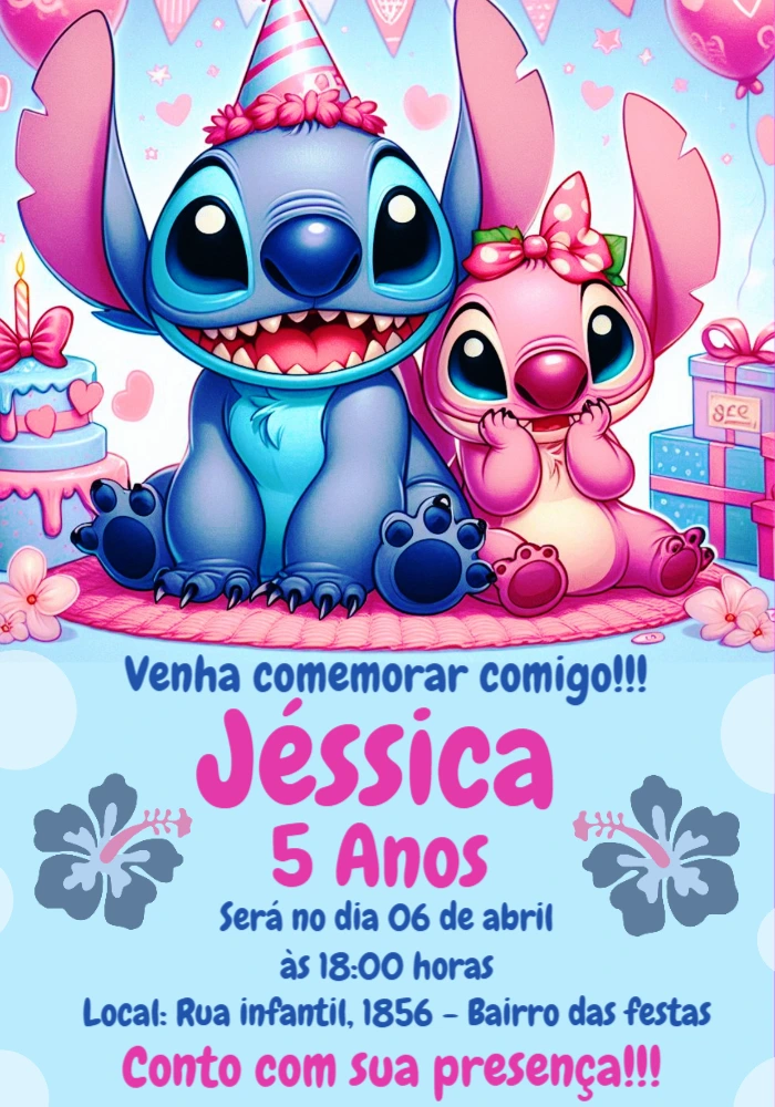 Convite de Aniversário Stitch e Angel para Editar Online