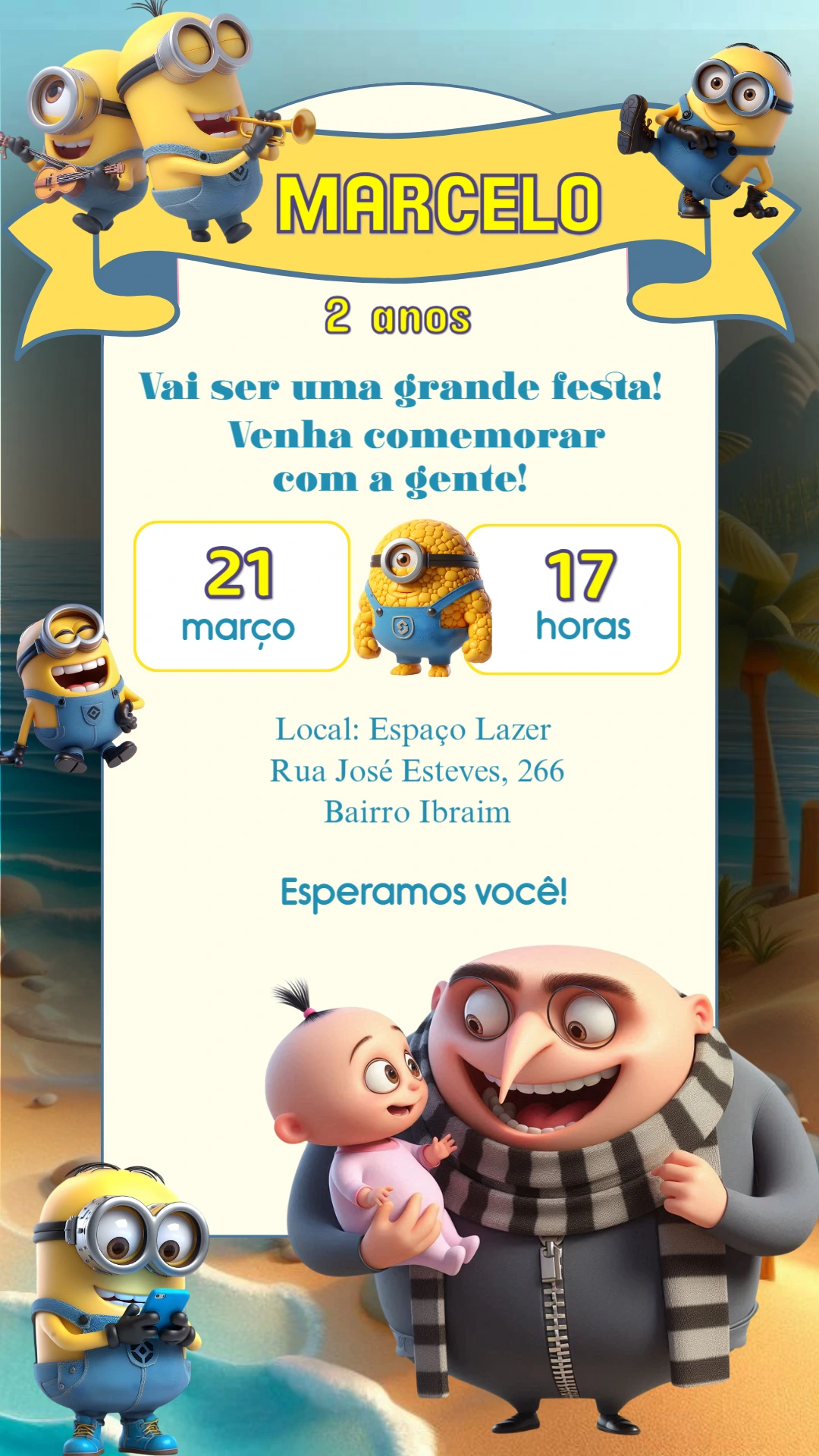 Convite Aniversário Meu Malvado Favorito para Editar Online