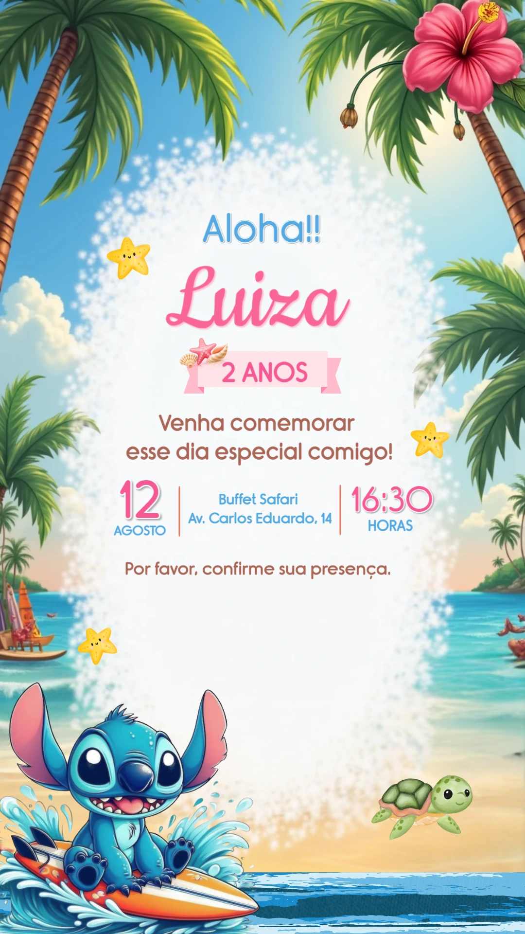 Convite de Aniversário Stitch Havaiano para Editar Online