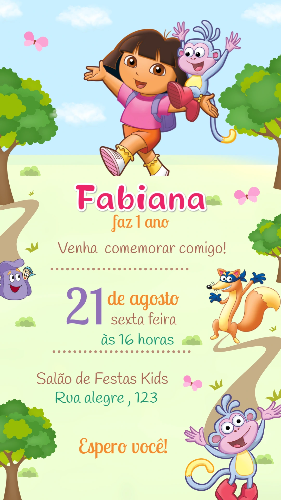 Convite de Aniversário Dora Aventureira para Editar Online
